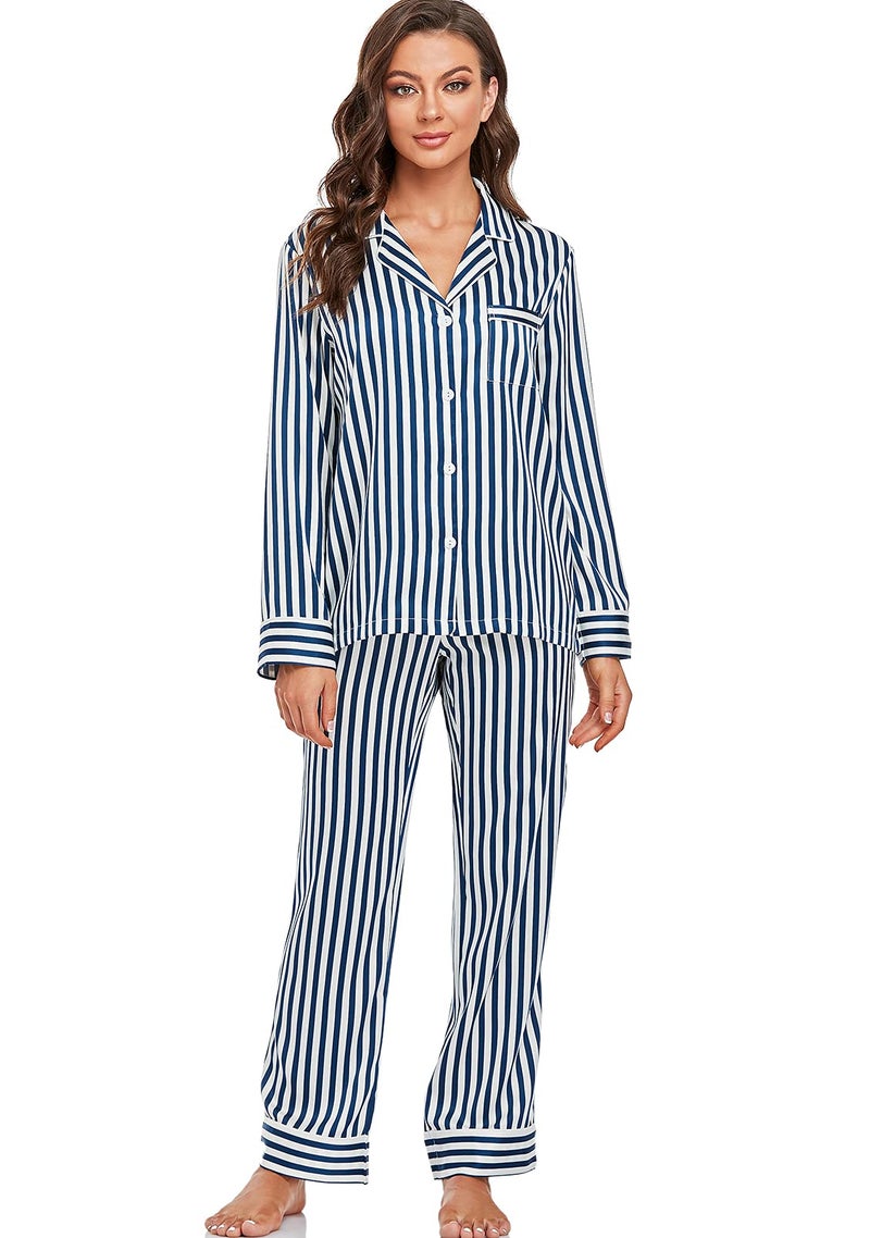 Serenedelicacy Women's Satin Pajama Set Long Sleeve Button Down Sleepwear 2-Piece Silky Pj Set (Large, Navy/Ivory, Stripe) - Image 4